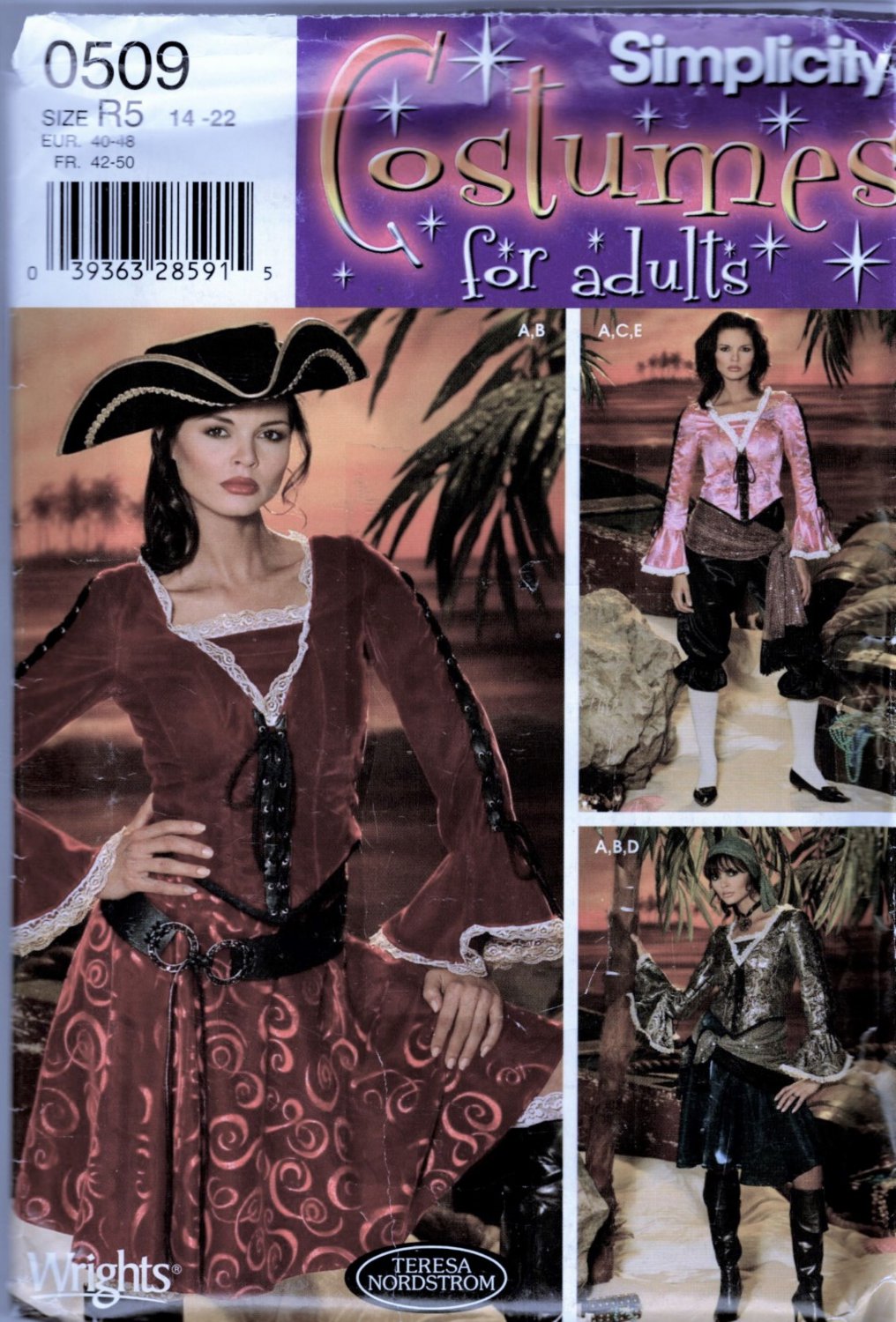 Adult Pirate Costume Sewing Pattern Simplicity 0509 Sizes 14 16 18 20