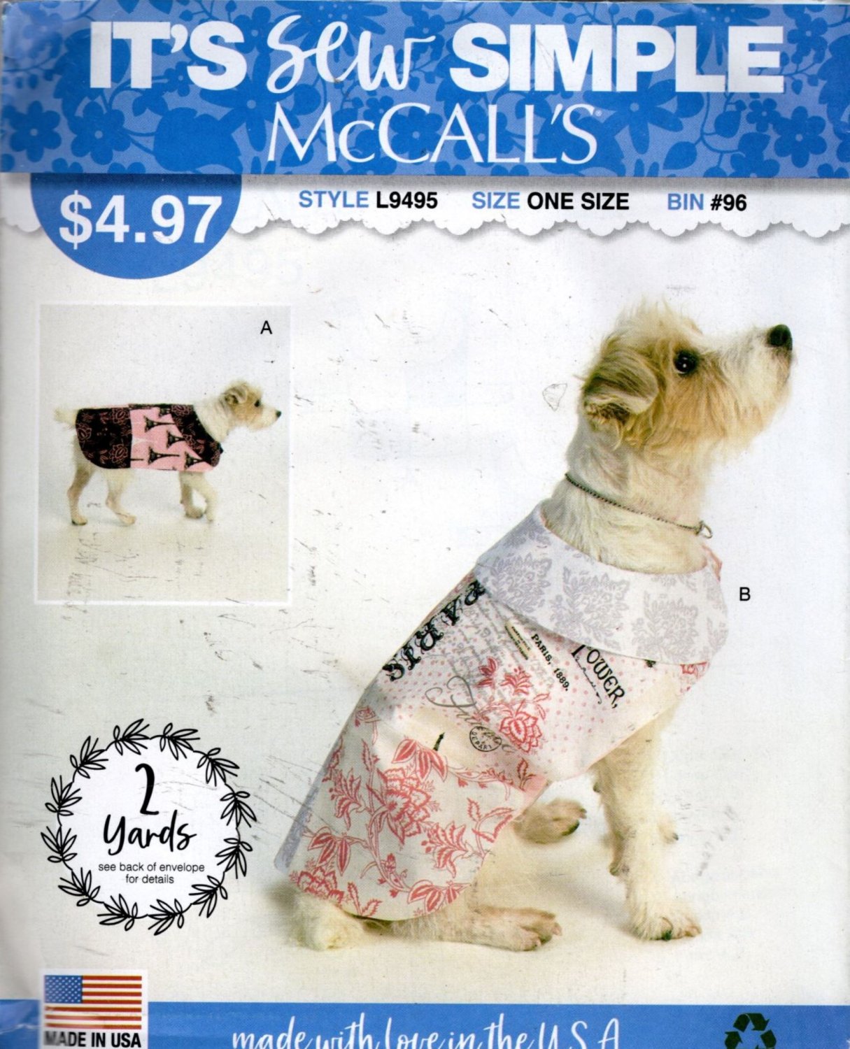 Dog  Coat  Sewing Pattern  It's Sew Simple McCalls L9495 xs - xl