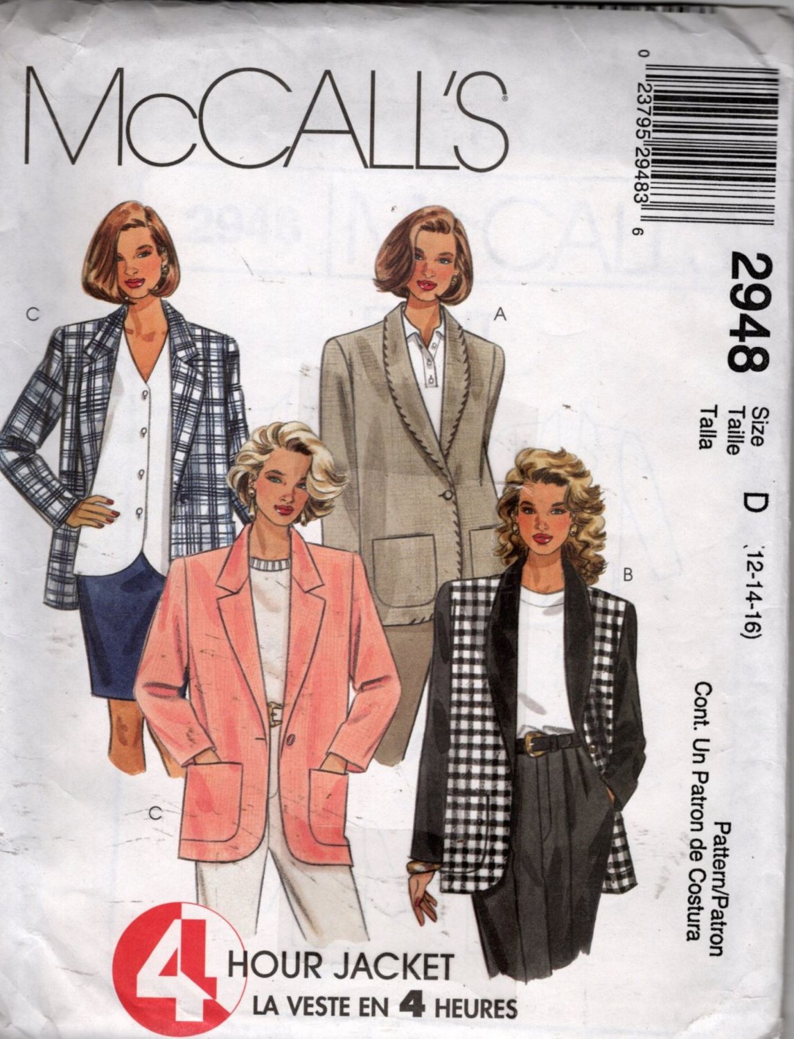 Misses  4 Hour Jacket  Sewing Pattern  McCalls 2948 Size 12, 14, 16   Uncut