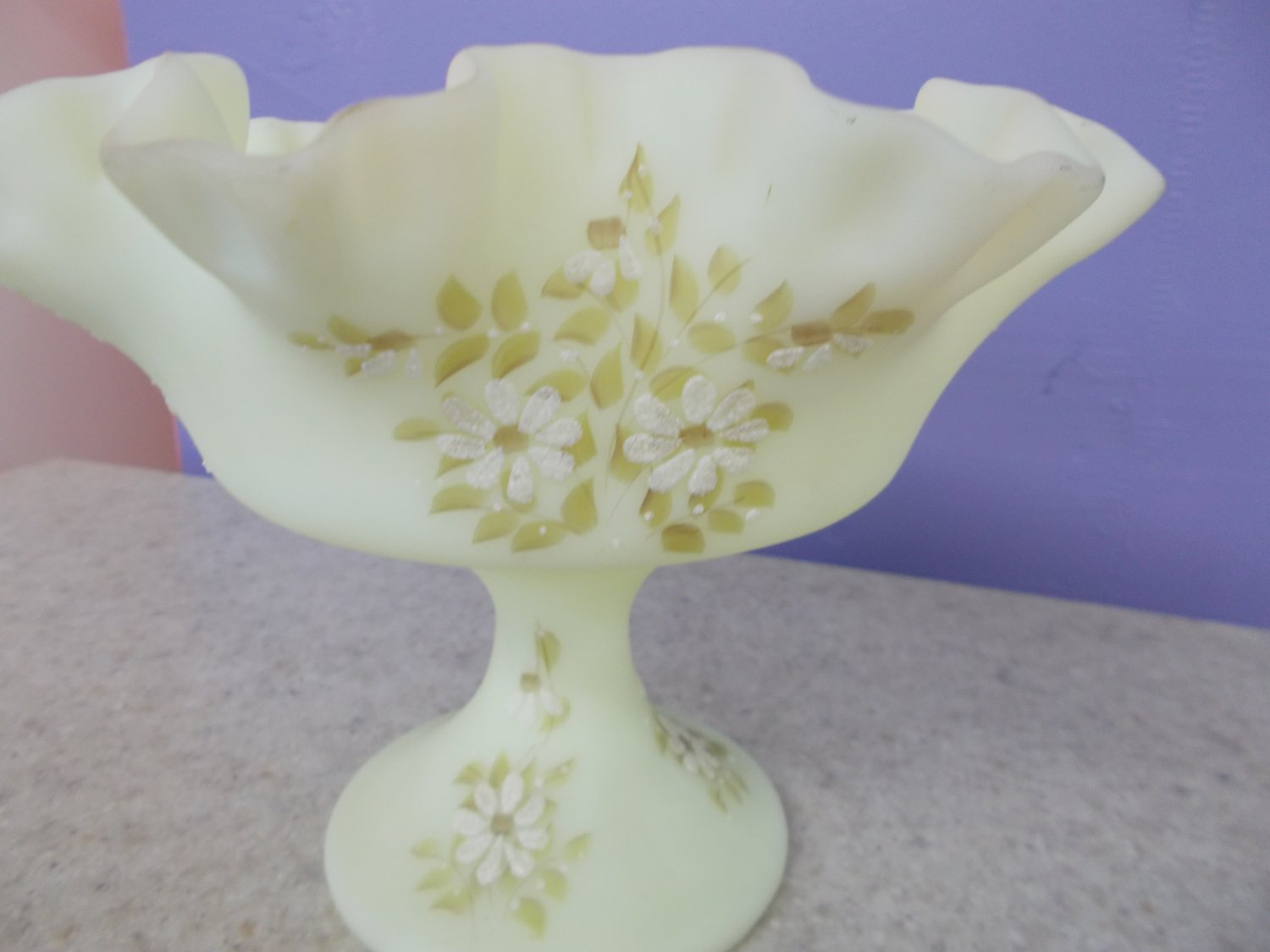 Fenton Yellow Custard Handpainted Ruffled Bowl