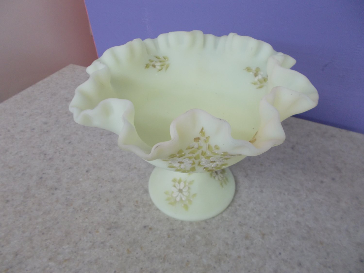 Fenton Yellow Custard Handpainted Ruffled Bowl