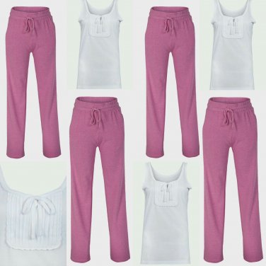 Ladies Pink Lounge Pants & White Trim Top Woman 2PC Pyjamas Size 8 10 12 18