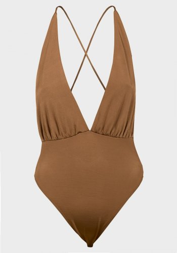 Ladies Bodysuit Bronze High Leg Suit with Crisscross Back Finish