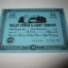 1964 Stocks & Bonds 3M Bookshelf Board Game Piece: single Valley Power & Light 50 Shares stock card