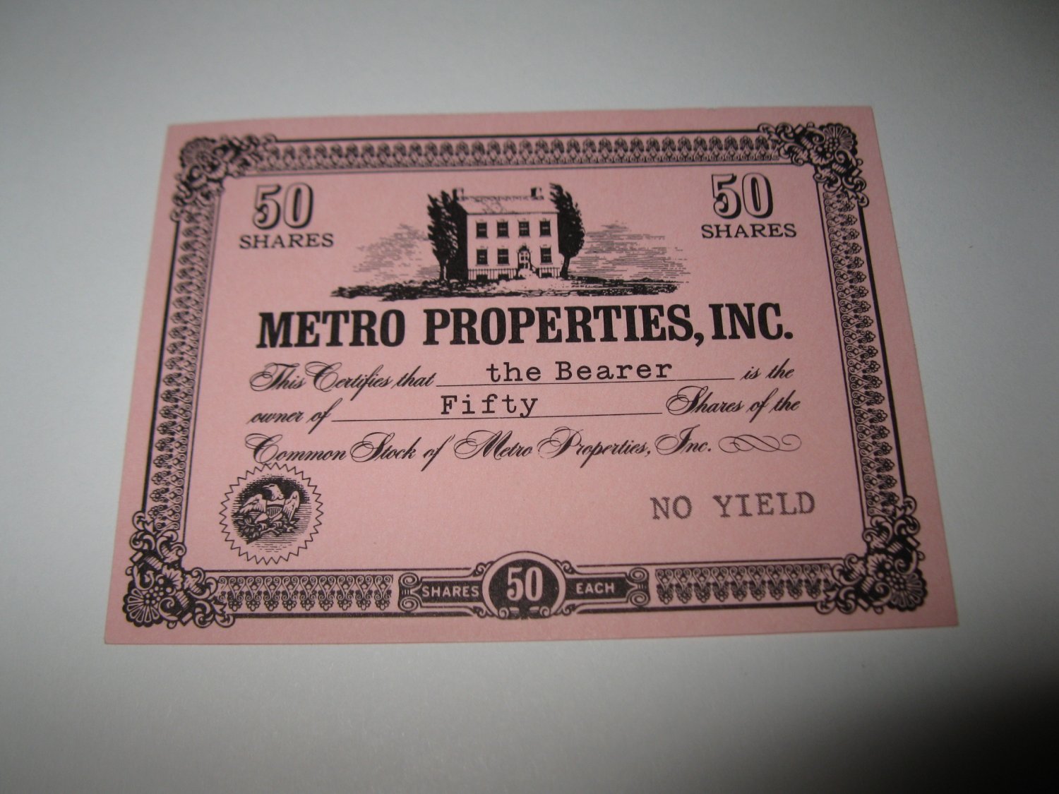 1964 Stocks & Bonds 3M Bookshelf Board Game Piece: single Metro Properties 50 Shares stock card
