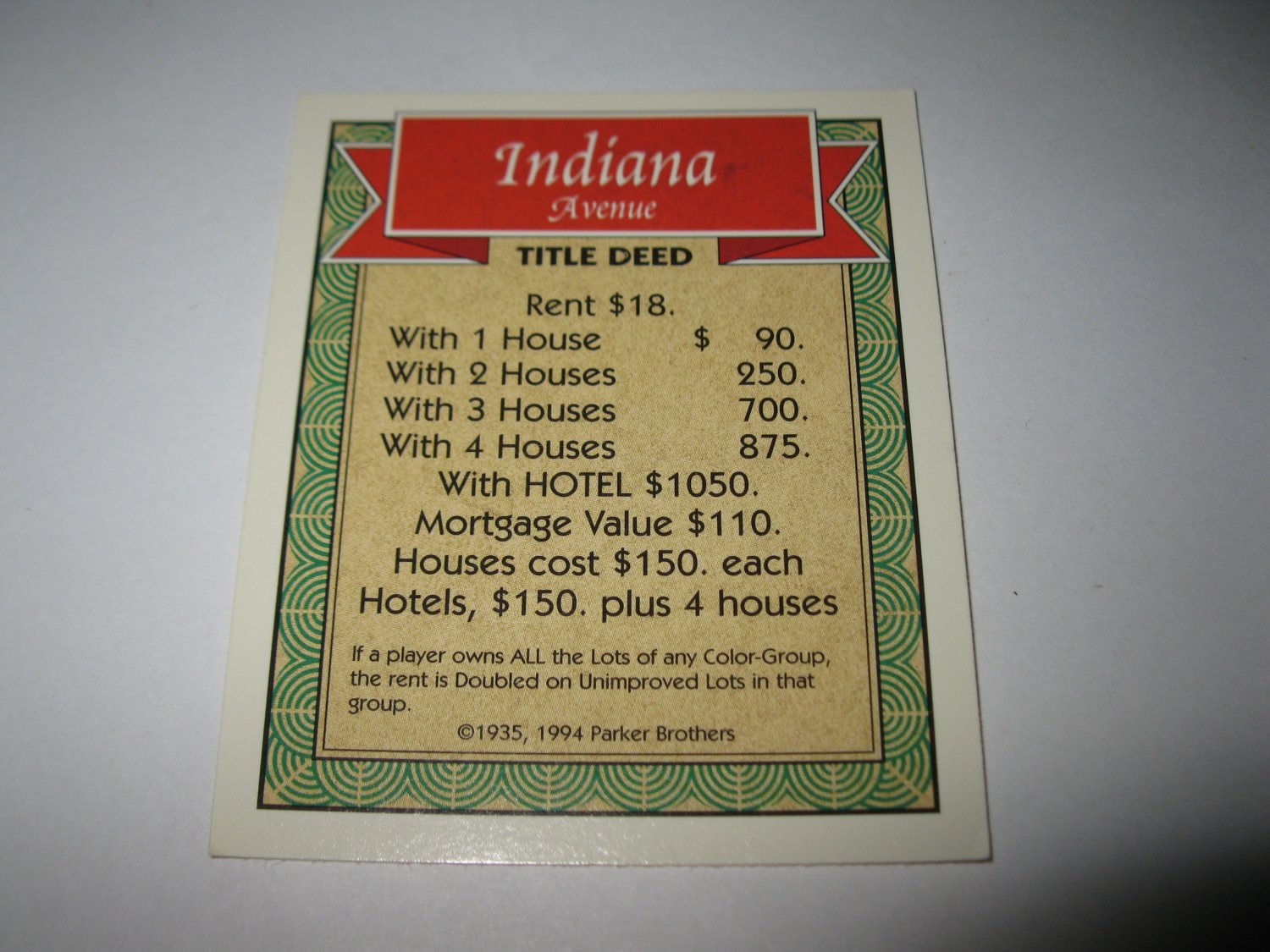1995 Monopoly 60th Ann. Board Game Piece: Indiana Avenue Property Deed