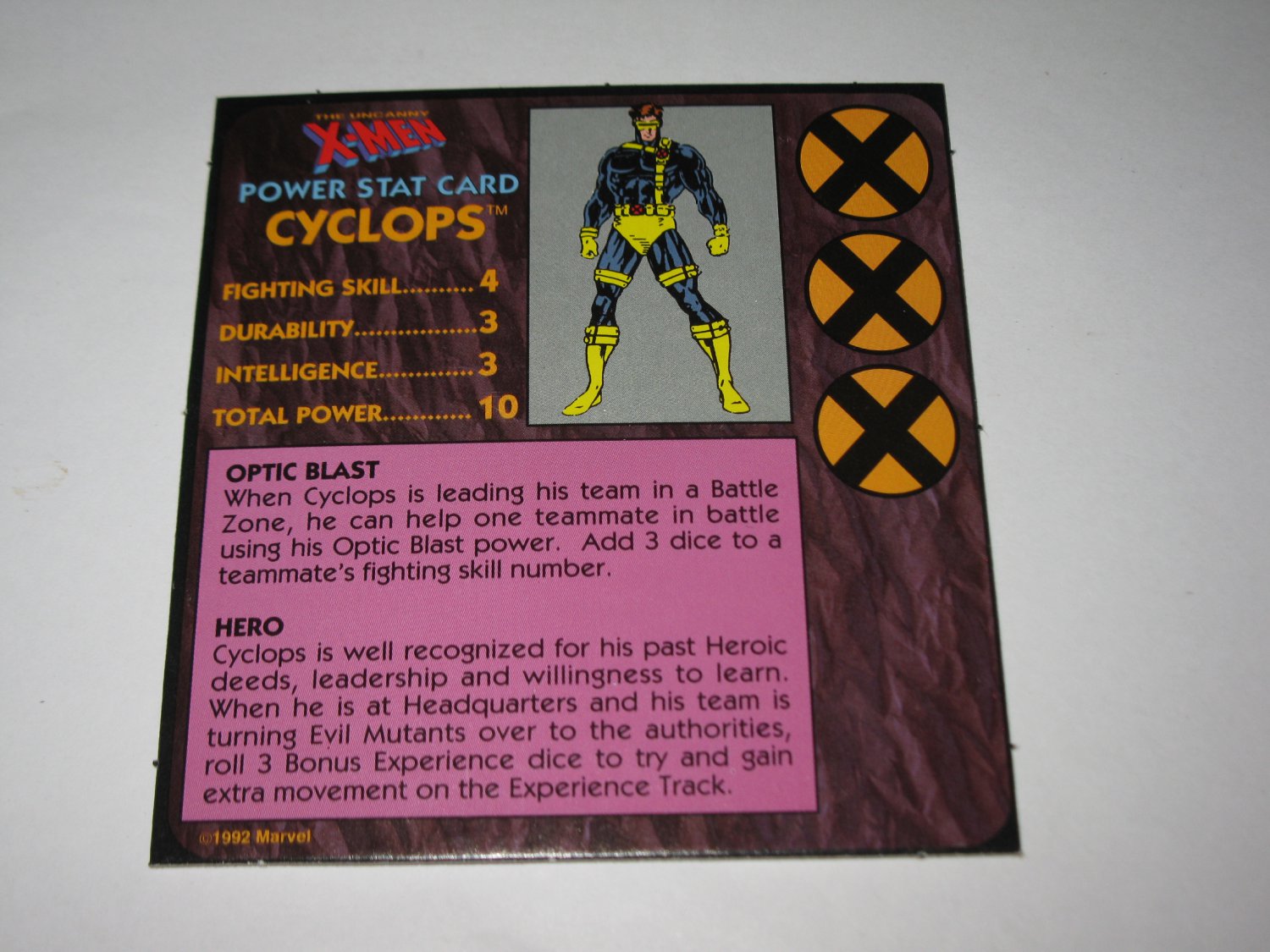 1992 Uncanny X-Men Alert! Board Game Piece: Cyclops Player Stat Card