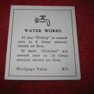 1952 Monopoly Popular Ed. Board Game Piece: Water Works - Title Deed
