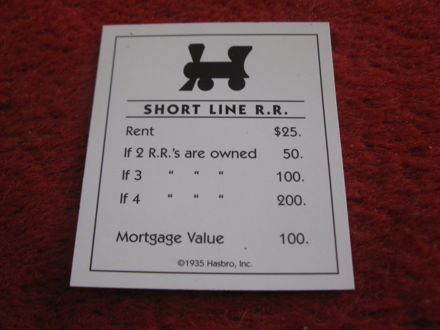 2004 Monopoly Board Game Piece Short Line Railroad Title Deed