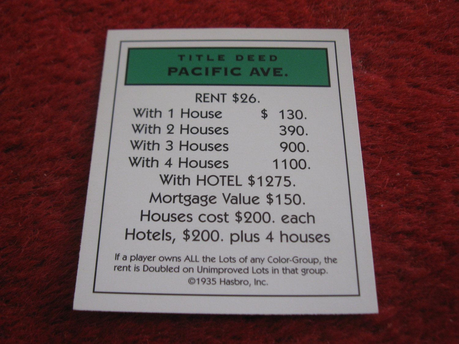 2004 Monopoly Board Game Piece Pacific Ave Title Deed