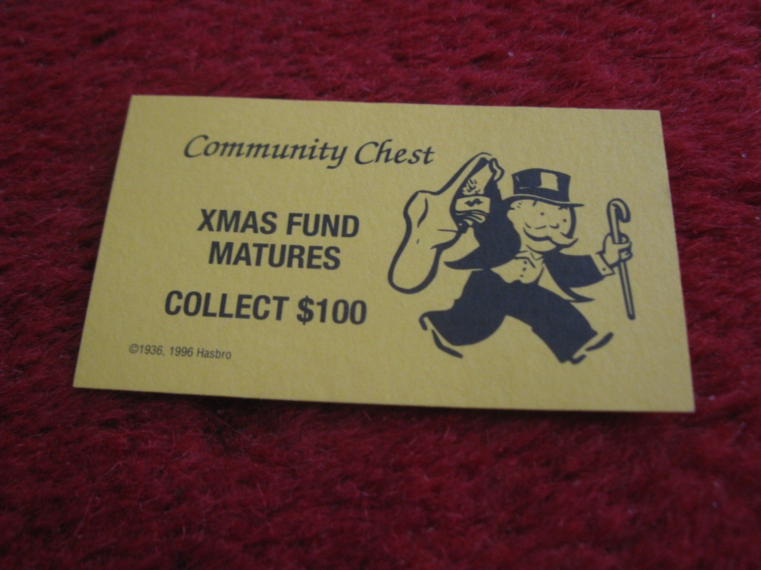 2004 Monopoly Board Game Piece: Xmas Fund Matures Community Chest Card