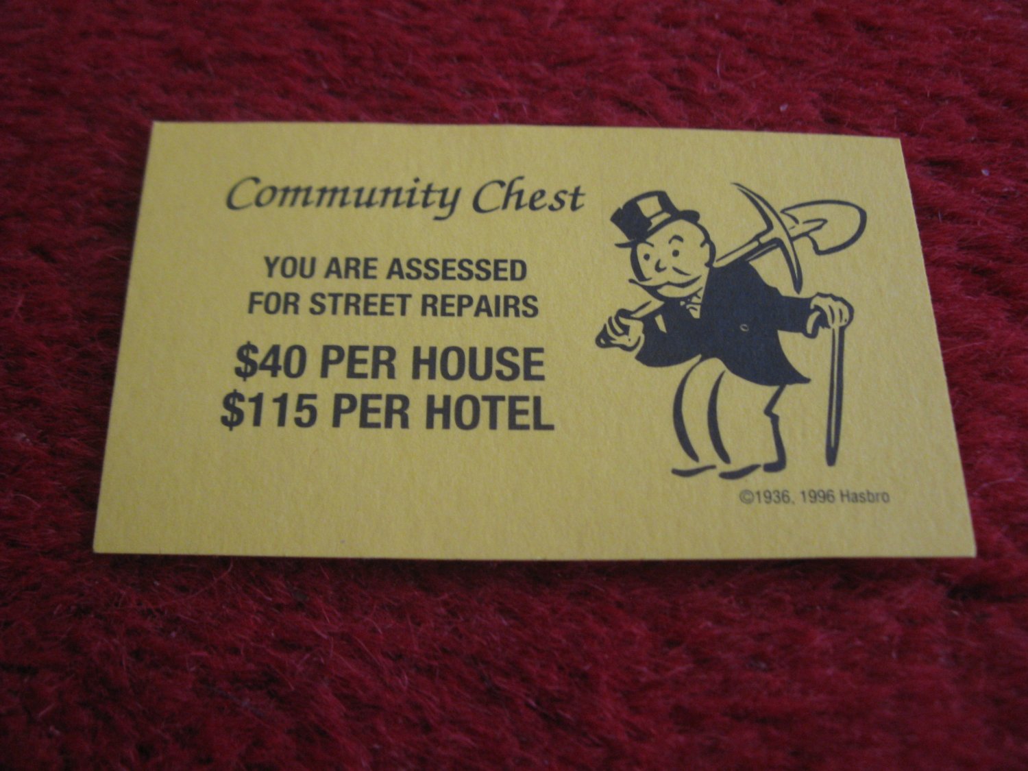 2004 Monopoly Board Game Piece Street Repairs Community Chest Card