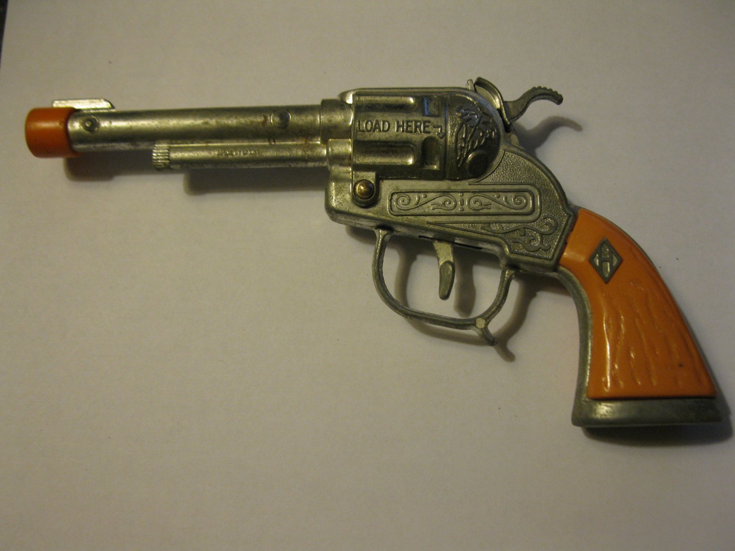 (CG 1) Vintage Toy Cap Gun Halco Silver Pistol w/ Orange & H Diamond