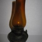 old Antique 6" tall Oil Lamp, metal base, Amber GLass Hurricane w/ wick