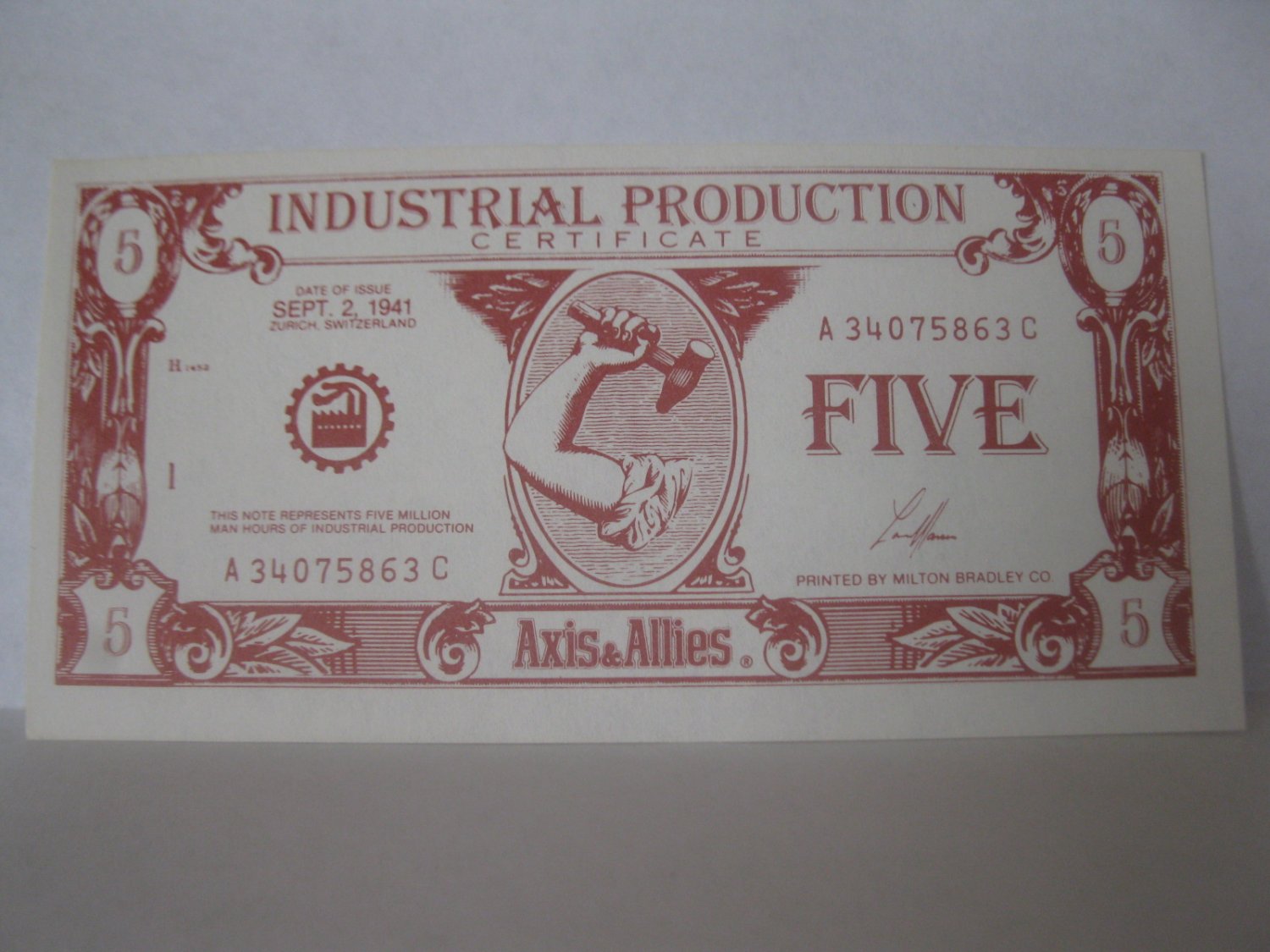 1987 Axis & Allies Board Game Piece 5 Industrial Production Certificate