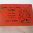 1958 Easy Money Deluxe ed. Board Game Piece: Fire Insurance card