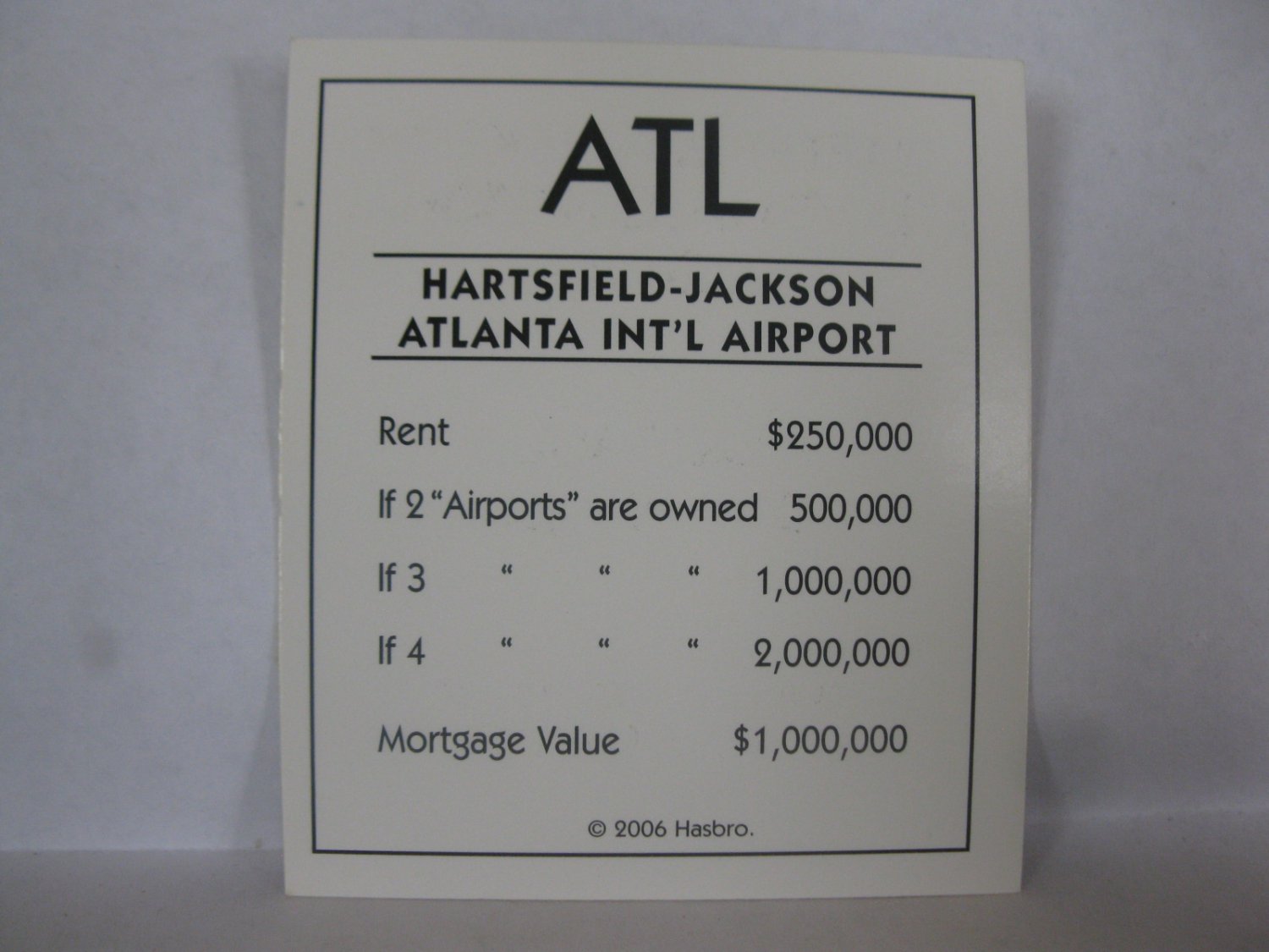 2006 Monopoly - Here & Now Board Game Piece: ATL Airport Property Deed