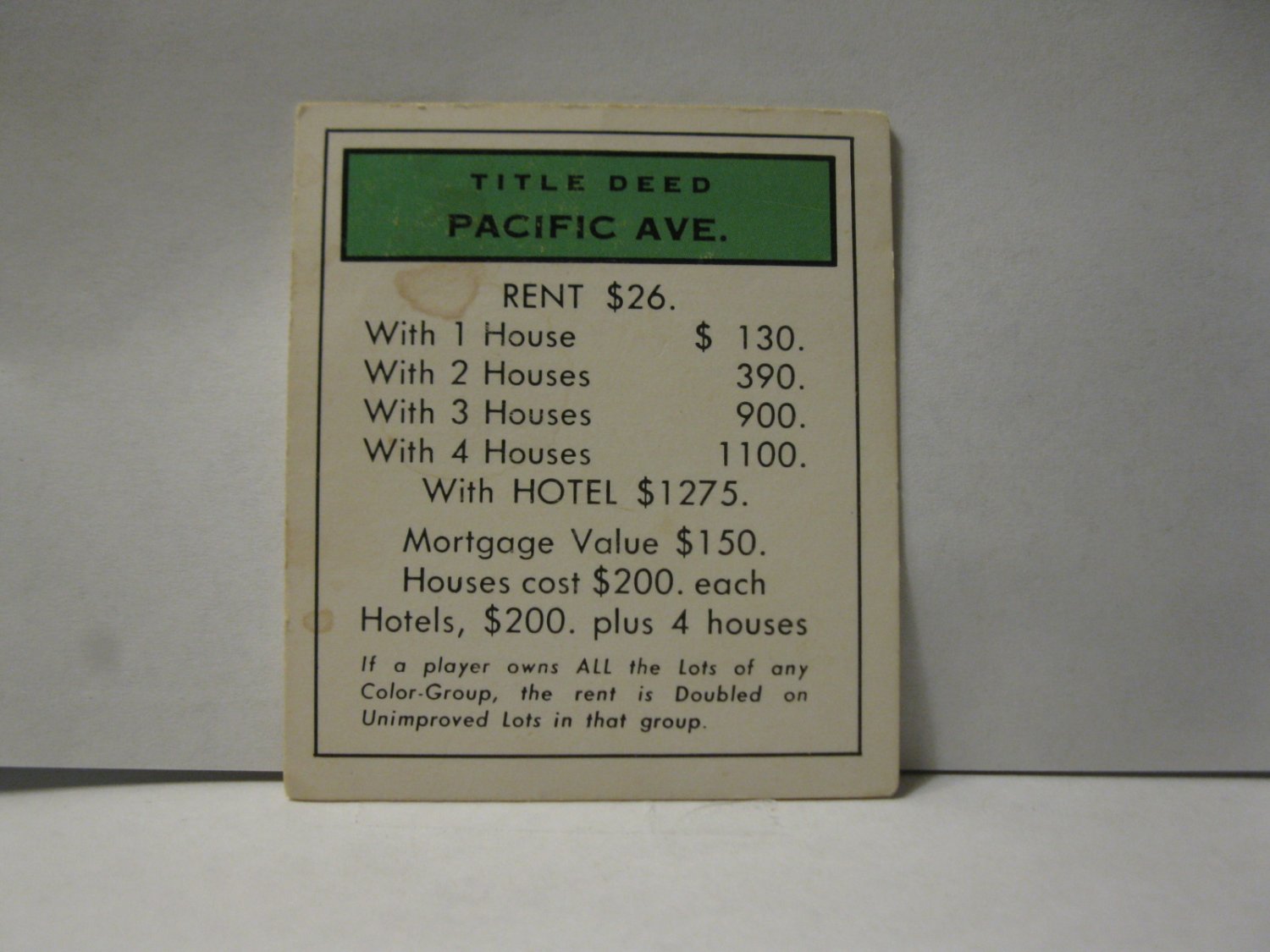 1985 Monopoly Board Game Piece: Pacific Ave Title Deed