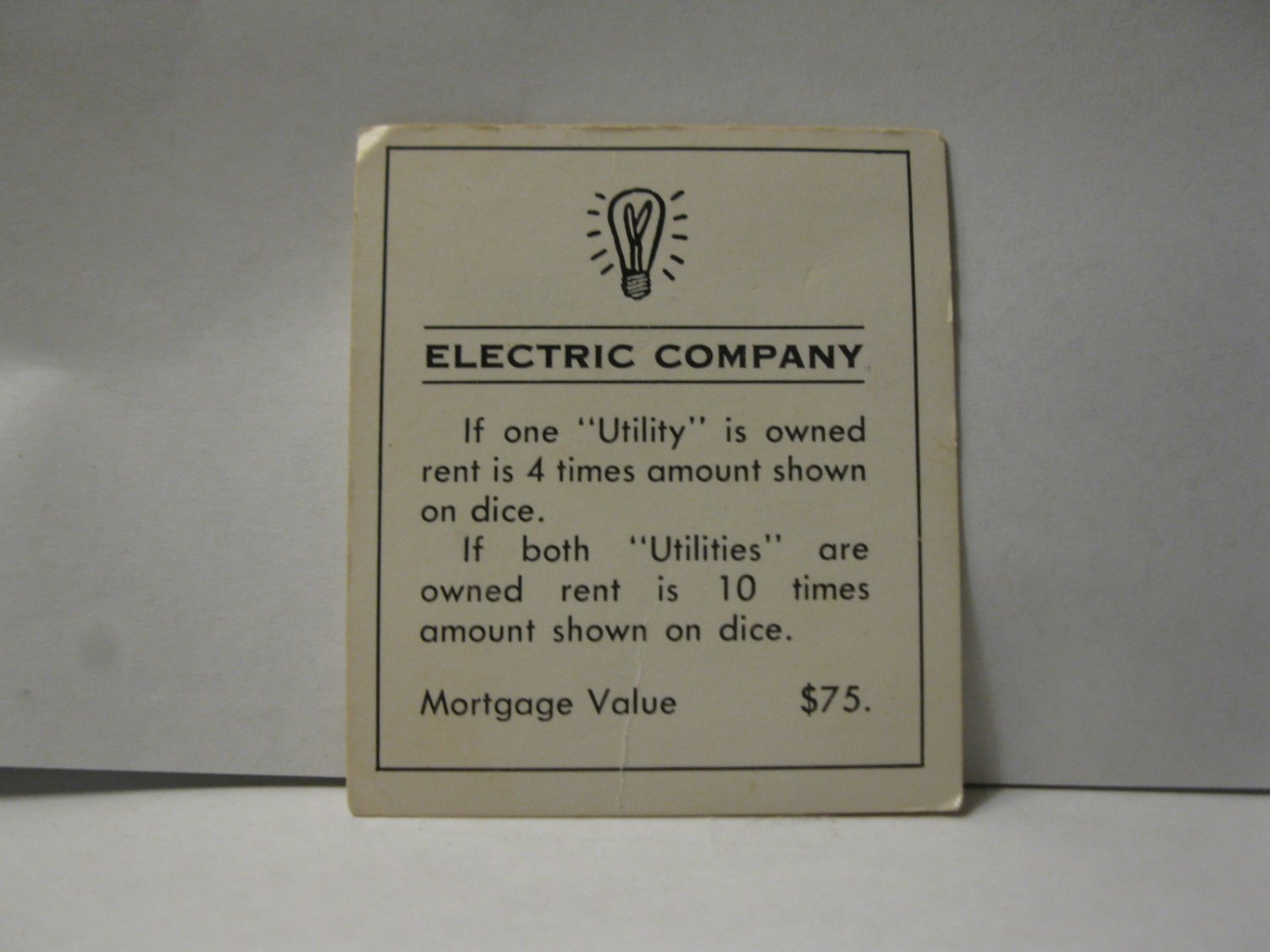 1985 Monopoly Board Game Piece Electric Company Title Deed