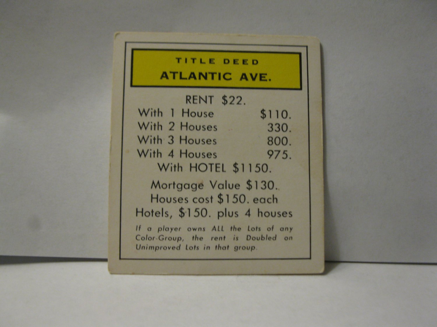 1985 Monopoly Board Game Piece Atlantic Ave Title Deed