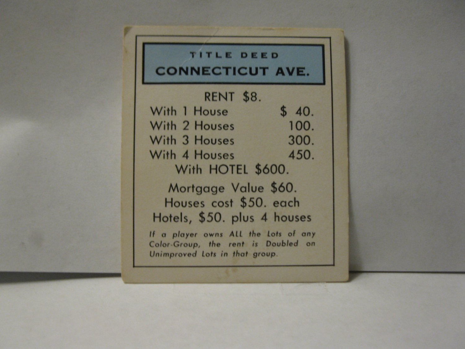 1985 Monopoly Board Game Piece: Connecticut Ave Title Deed