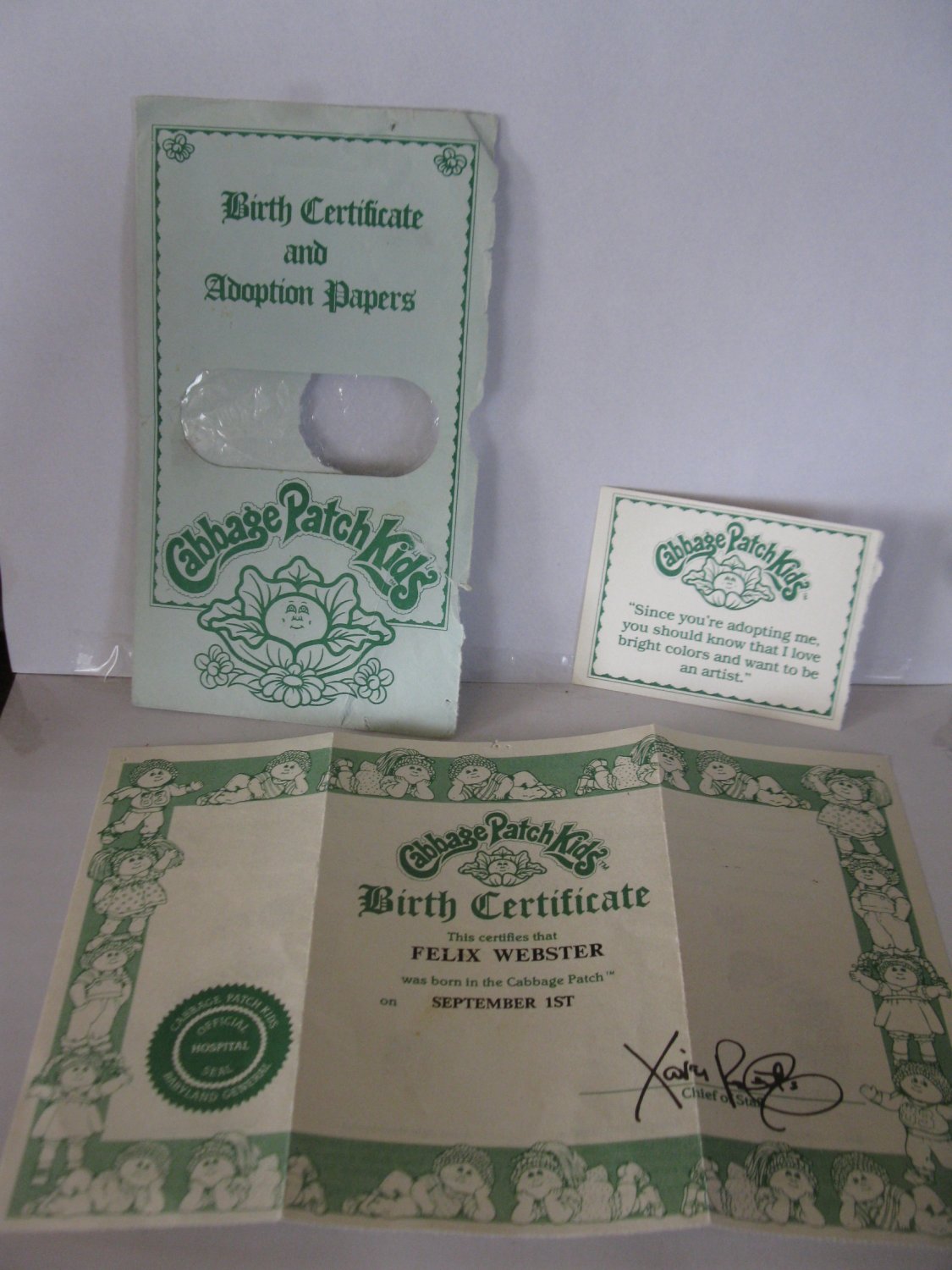 (BX 5) 1982 Cabbage Patch Kids Birth Certificate Felix Webster Sept