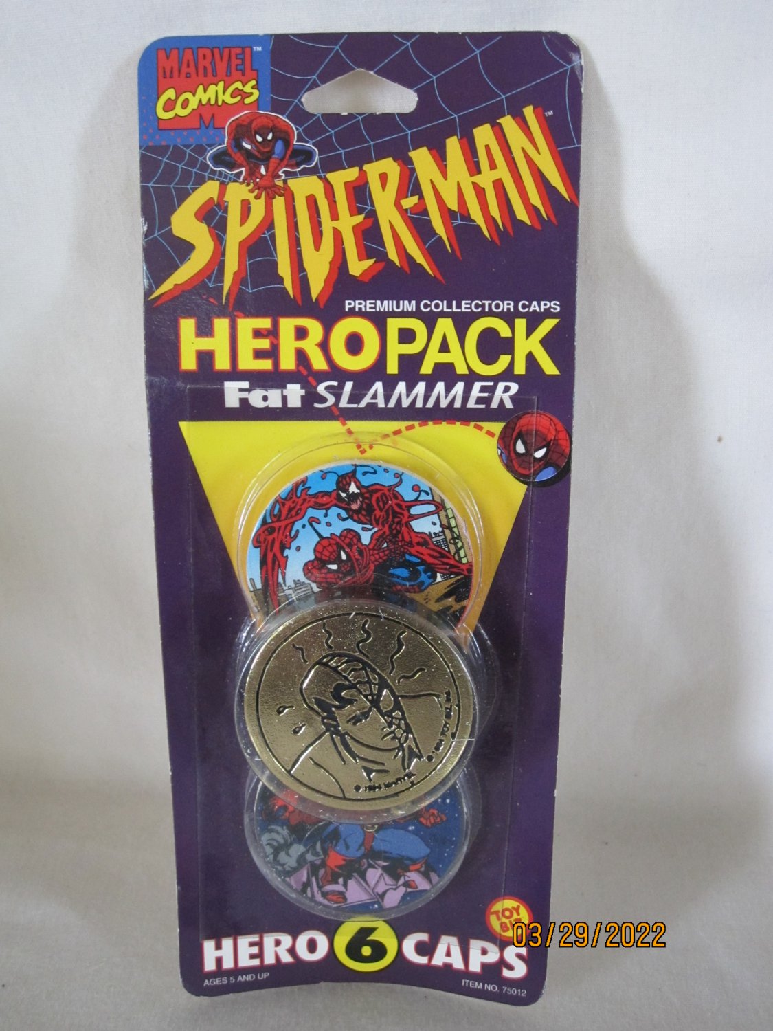 1994 ToyBiz Spider-Man HeroPack Fat Slammer Premium Collector Caps Pogs 6 Pack- Gold