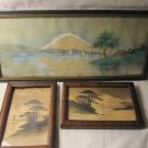 old Japanese Volcano framed picture set - Signed Watercolor & 2 B&W - Chinatown SF