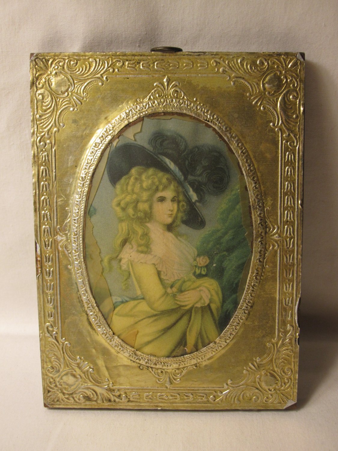 old Gold Gilted metal on wood picture of a Fair Lady- 4"x5.5" Oval