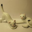 old set of 2 3" long White Cat Statues, black tip tail / blue stripe