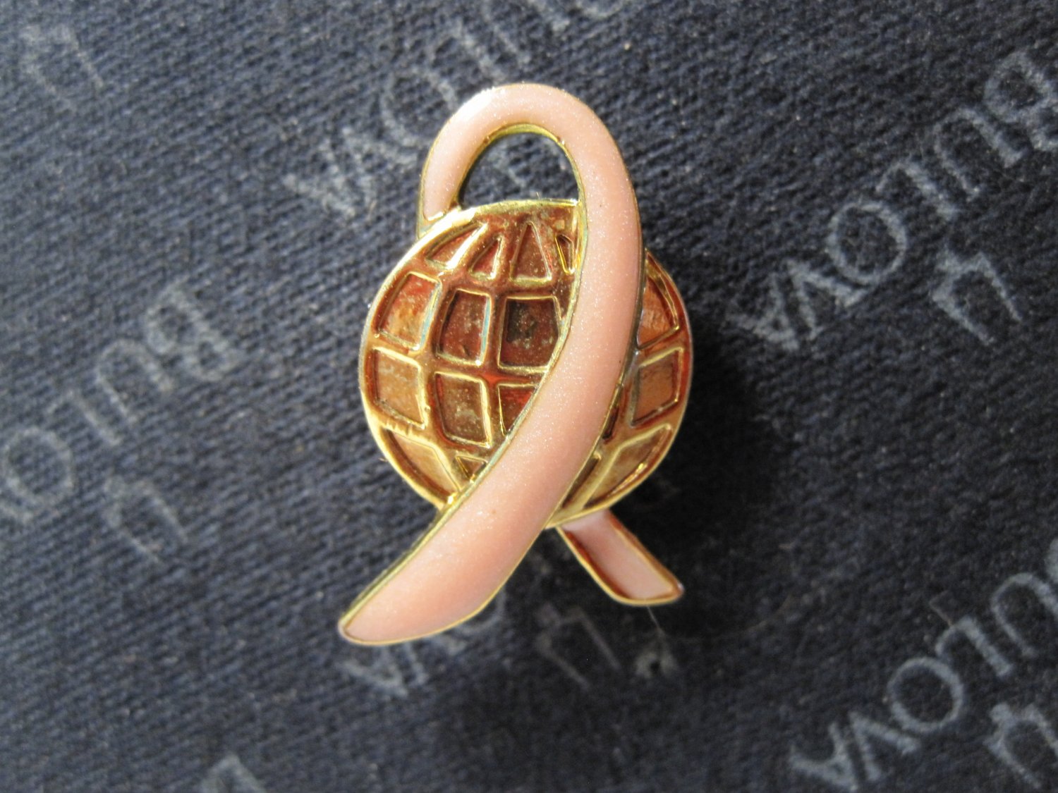 vintage enamel Lapel Pin: Breast Cancer Awareness Pink Ribbon w/ Globe