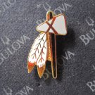 vintage enamel Lapel Pin: Native American / Indian Tomahawk w/ white Feathers