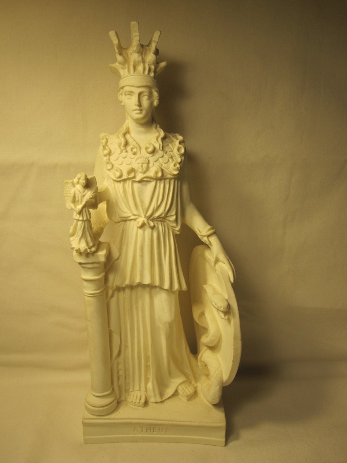 old 10" tall White Statue of Athena - Snake Shield, very detailed