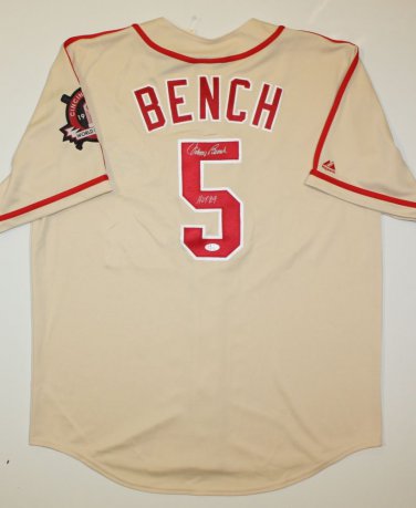 Johnny Bench HOF Autographed Tan Cincinnati Reds Jersey- JSA Authenticated