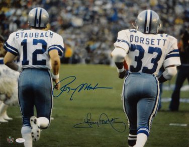 Roger Staubach & Tony Dorsett Autographed 16x20 From Behind Photo- JSA W Auth