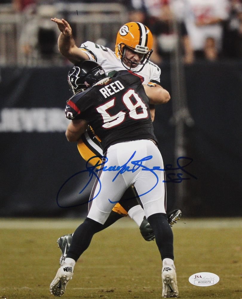 Brooks Reed Autographed 8x10 Aaron Rodgers Hit Photo- JSA W Authenticated