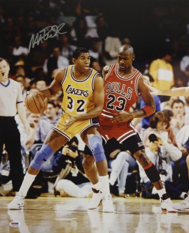 Magic Johnson Autographed 16x20 Vertical Agianst Jordan Photo- PSA/DNA