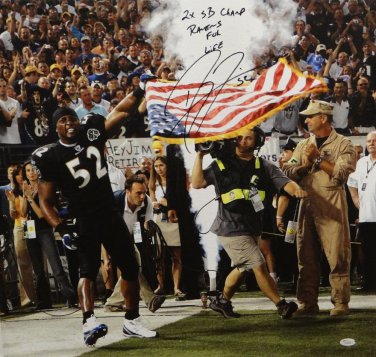 Ray Lewis Ravens For Life Autographed 20x24 Holding Flag Canvas- JSA Auth