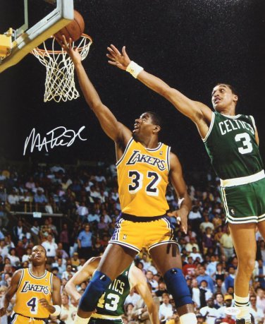 Magic Johnson Autographed 16x20 Lay Up Against Celtics Photo- JSA Authenticated