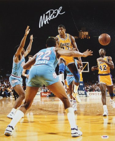 Magic Johnson Autographed 16x20 Passing In Air Photo- PSA/DNA