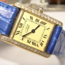 CARTIER 18K Vermeil Creme Roman Tank Watch Diamond Bezel+Cartier Band Buckle Box
