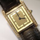 CARTIER 18K Vermeil Gold Retro Tank Watch Diamond Bezel +Cartier Band Buckle Box