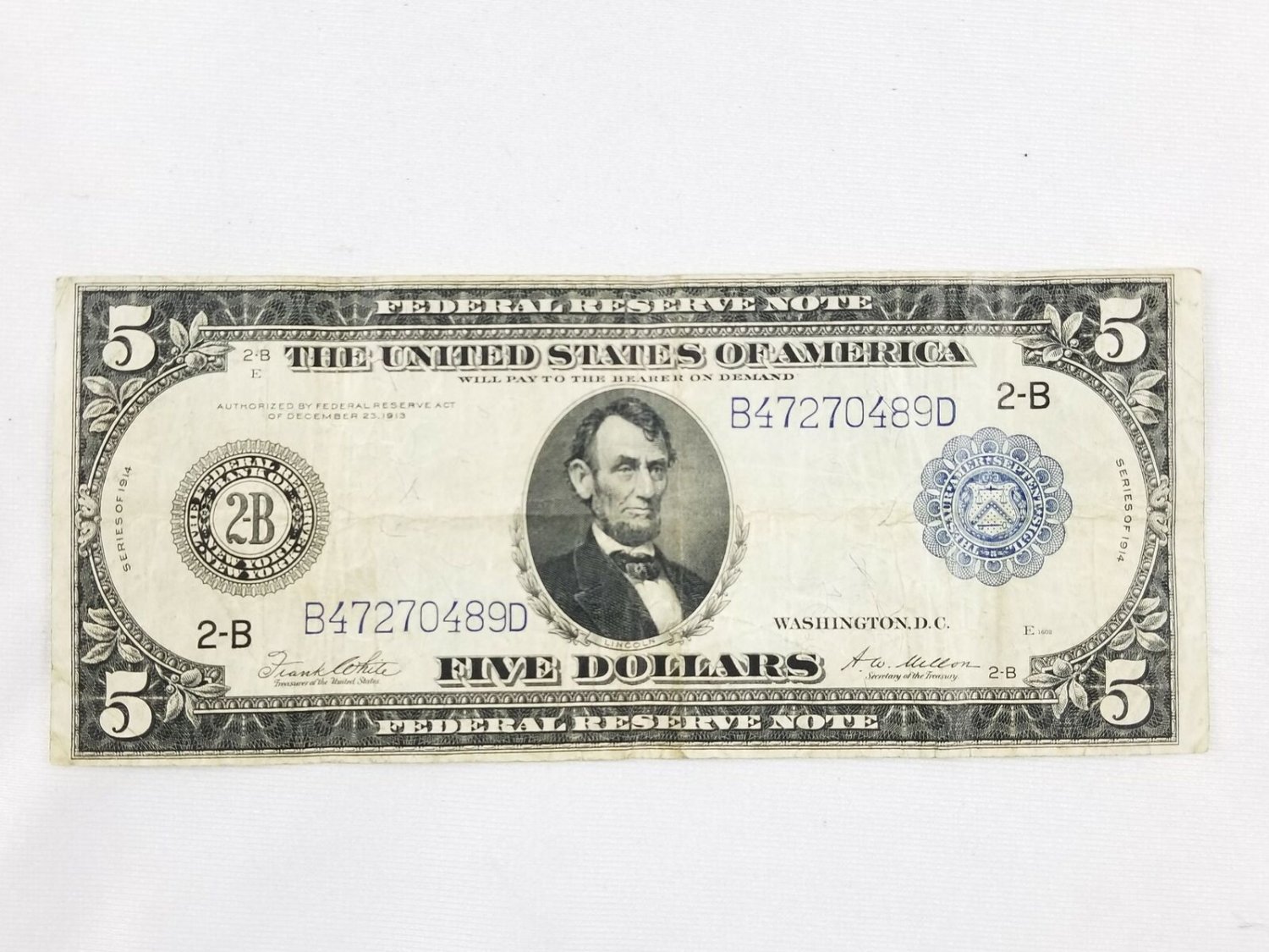 1914 Blue Seal Five Dollar Lincoln Large Federal Reserve Note