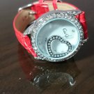 Heart Bling Diamond Cute Red Leather Strap Quartz Wrist Women Chic Fashion Watch