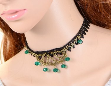 Summer forest green lace collar , fresh chain necklace, vintage slave necklace