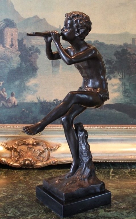 Mythological Faun Flute Playing Bronze Sculpture