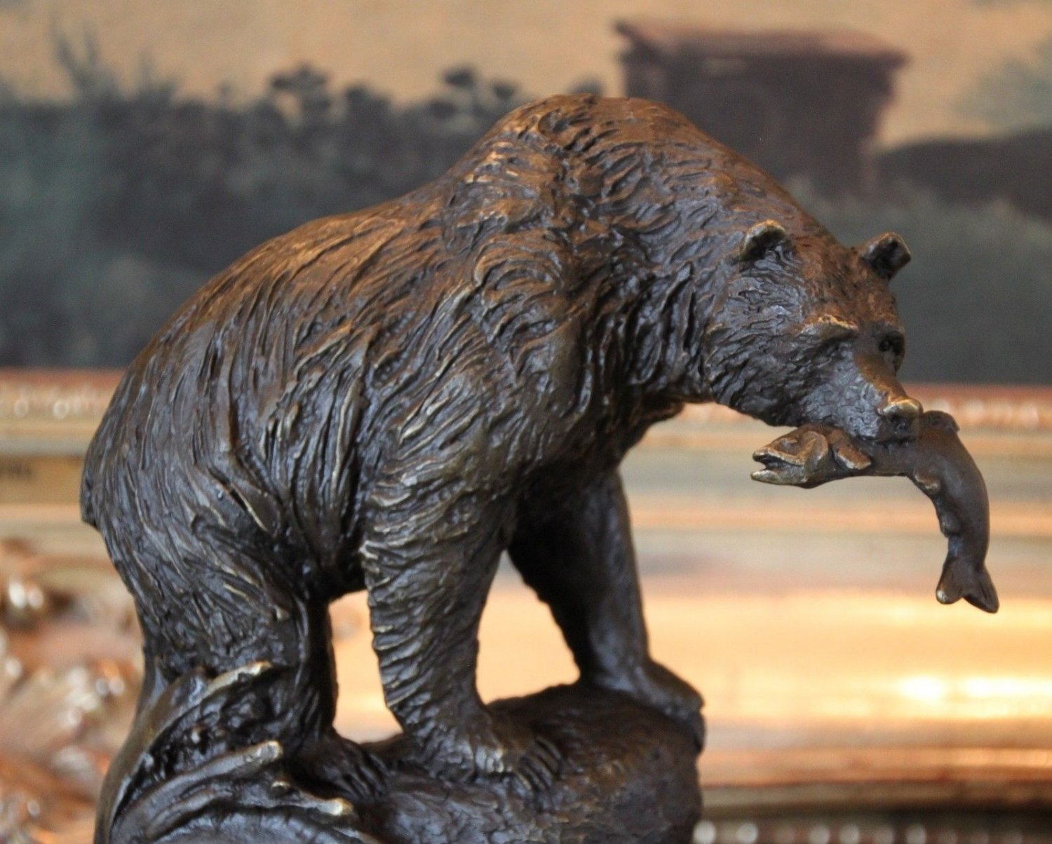 Majestic Wildlife Grizzly Bear Catching Dinner Bronze Sculpture 