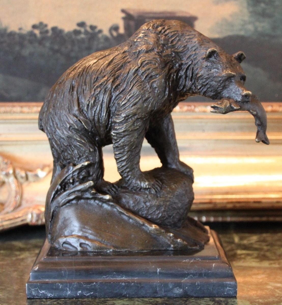 Majestic Wildlife Grizzly Bear Catching Dinner Bronze Sculpture