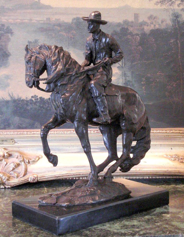 Large Western Cowboy Rancher on Horseback Bronze Sculpture