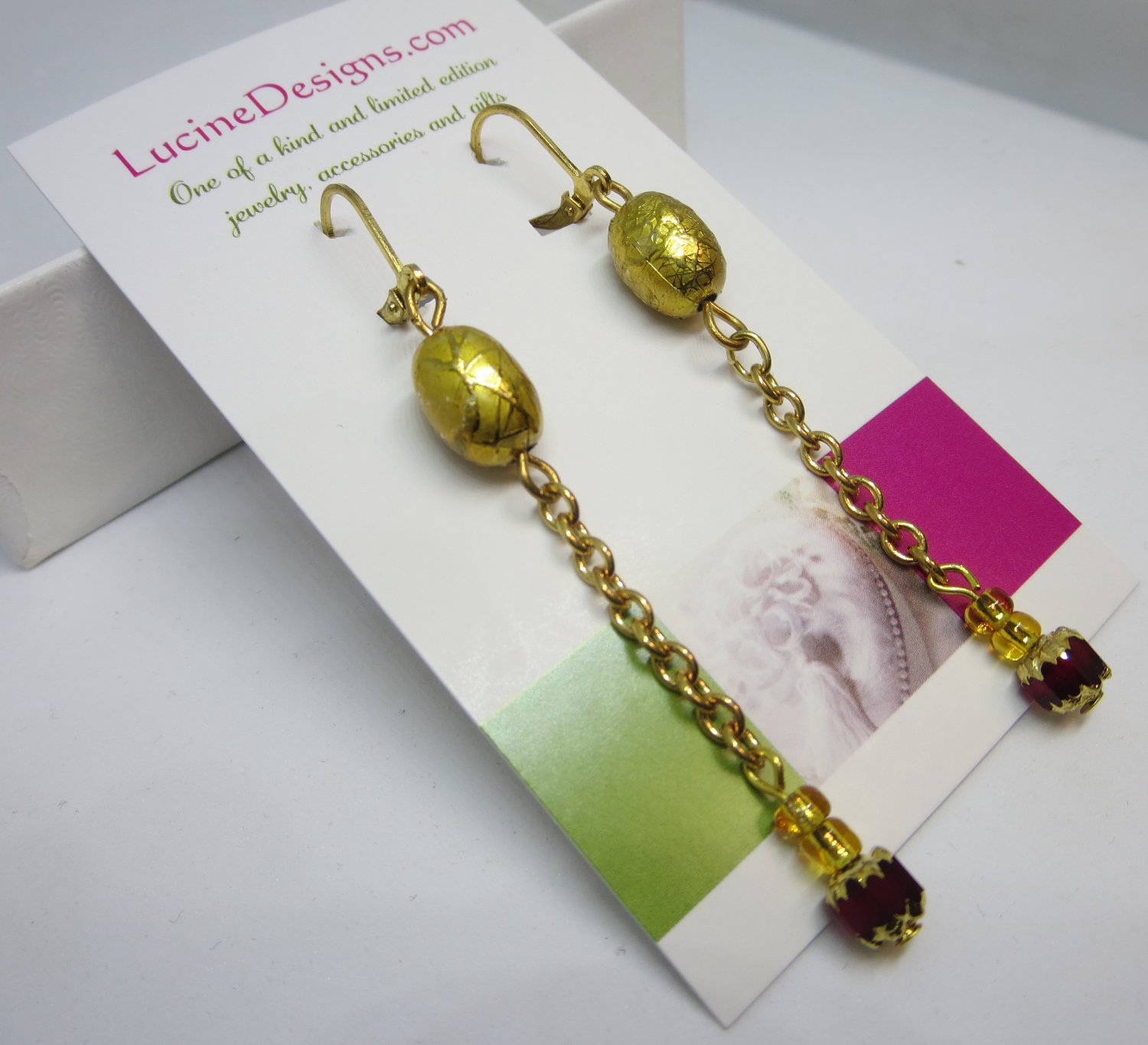 Gold linear earrings, #3609E, long drop boutique earrings, Lucine Designs